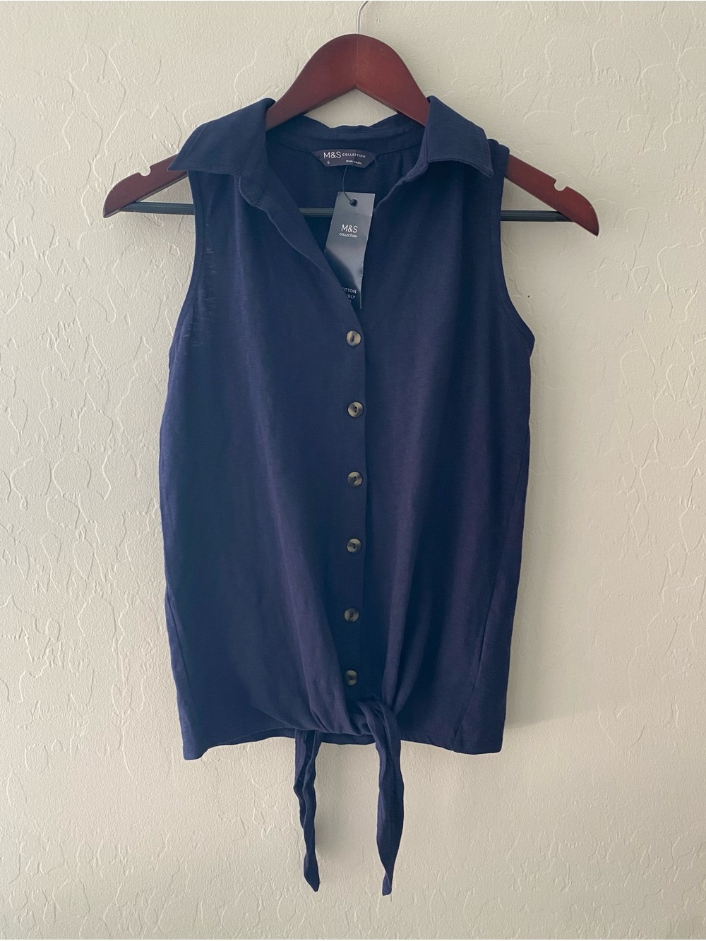 Marks & Spencer NWT Navy Sleeveless Button-Front Tie Hem Top Size US2 (UK6)